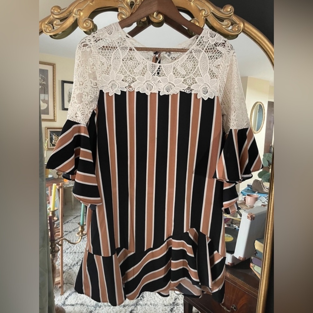 Umgee Striped Ruffle Sleeve Blouse with Lace Shoulders